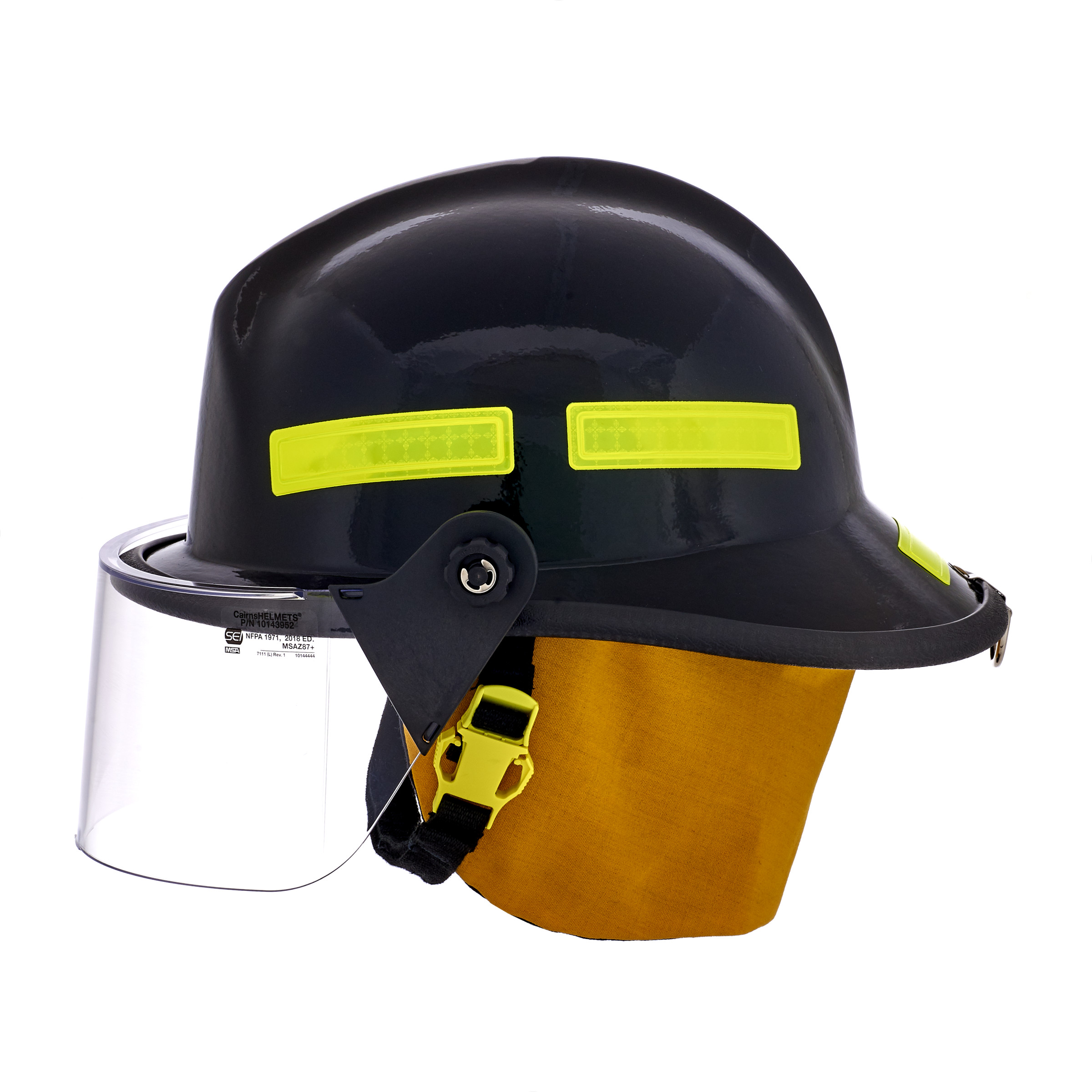 Cairns 664, Black, 4“ Standard Faceshield, Standard Flannel Liner, Nomex Earlap, Nomex Chinstrap w/ Quick Release & Postman Slide, Lime/Yellow Reflexite, Bar